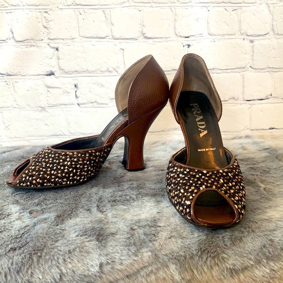 Prada Shoes - Prada Vera Cuoio Tweed Wool Peep Toe Heels